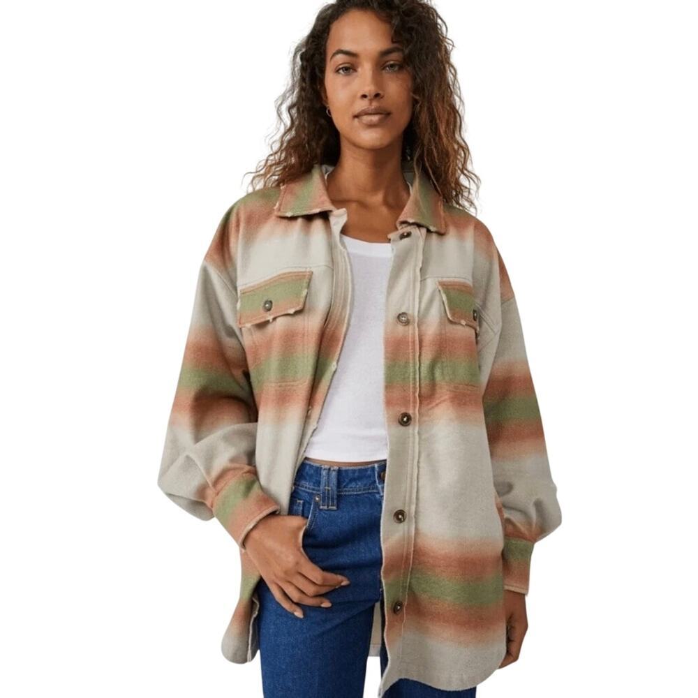 Free People Printed Ruby Oversized Fleece  Jacket Shacket Mazipan Size M P2P 26’